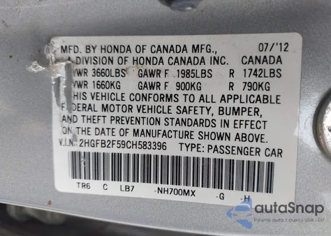 2012 Honda Civic Lx из США, поврежденный, VIN 2HGFB2F59CH583396